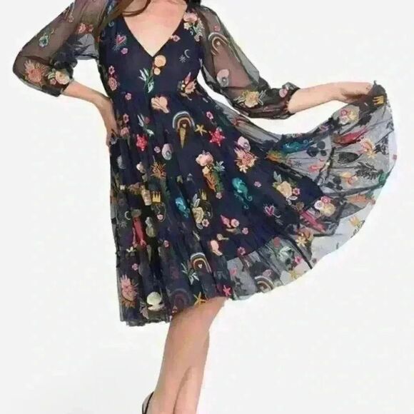 Johnny Was Stellamaris Embroidered Navy Tulle Empire Waist Dress SIze XS - Picture 1 of 9